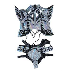 NWT Club Exx Holographic Iridescent Cut Out Bustier & Bottom Set w/ Wings Sz Xs